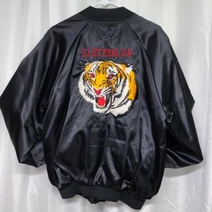 Vintage Satin Jacket - Embroidered Tiger - Black - Rockabilly - Men's XL - USA